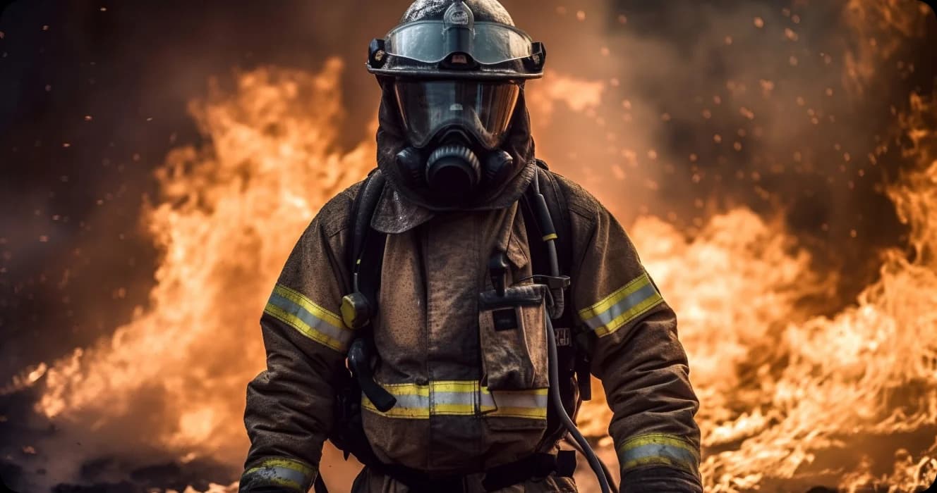 Firefighter in protective gear standing before flames