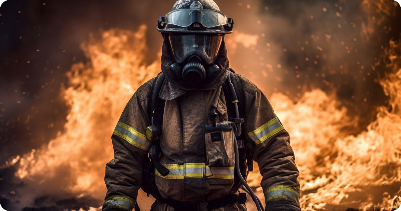 Firefighter in protective gear standing before flames